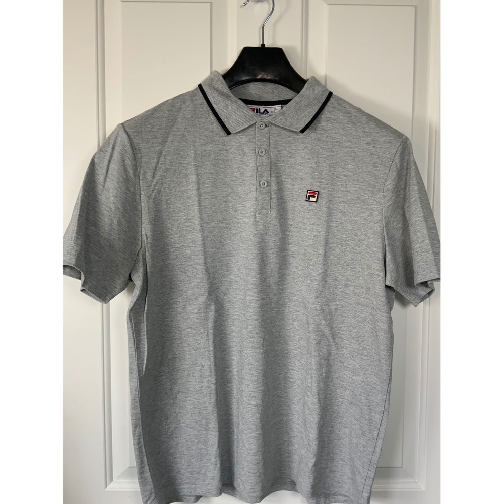 Fila Sport Mens Heather Grey Pique Polo Shirt‎ Short Sleeve Navy Tipped Collar L